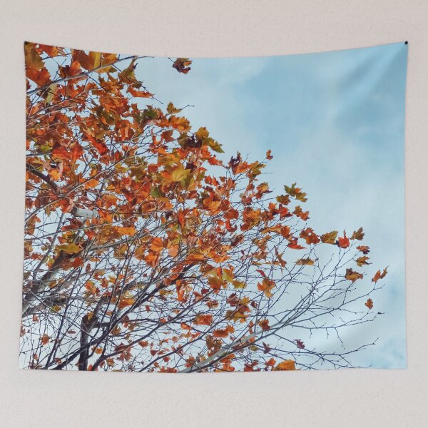 Item preview, Tree branch with orange autumn leaves and blue cloudy sky designed and sold by Mrvell.