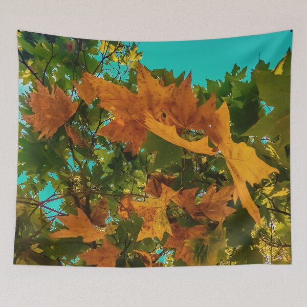 Item preview, Maple tree branch with orange and green autumn leaves and blue sky designed and sold by Mrvell.