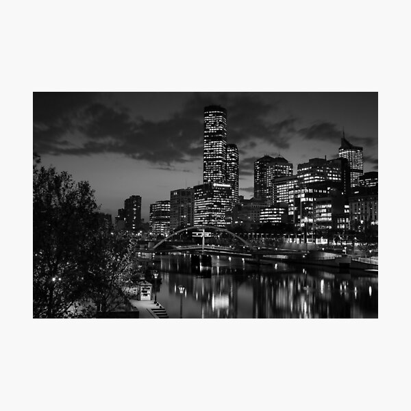 Melbourne in Black and White - The Yarra River At Night Looking West - Photographic Print Photographic Print