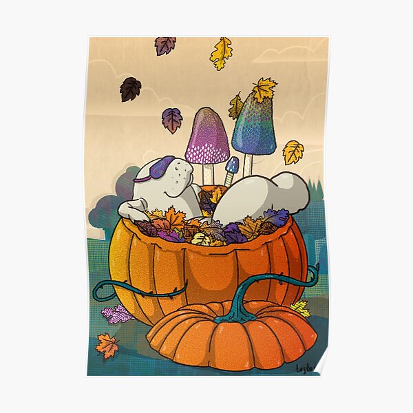 Autumn manatee - manatee with sleep mask bathing in pumpkin full of leaves, surrounded by mushrooms Poster