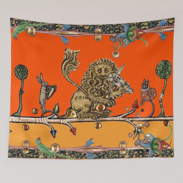Item preview, WEIRD MEDIEVAL BESTIARY MAKING MUSIC Violinist Lion,Hare Snail Cat in Gold Yellow Orange designed and sold by BulganLumini.