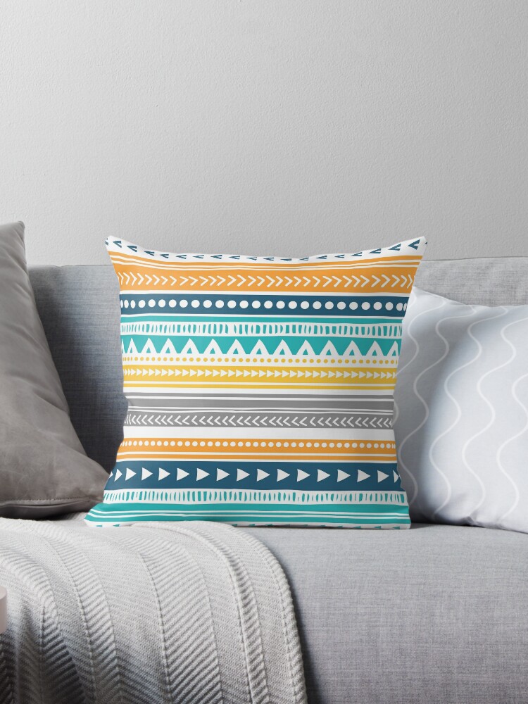 Orange Yellow Blue Tribal Pattern Throw Pillow By Dreamingmind