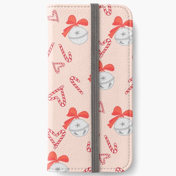 Christmas candy canes and bells seamless pattern on pink background. iPhone Wallet