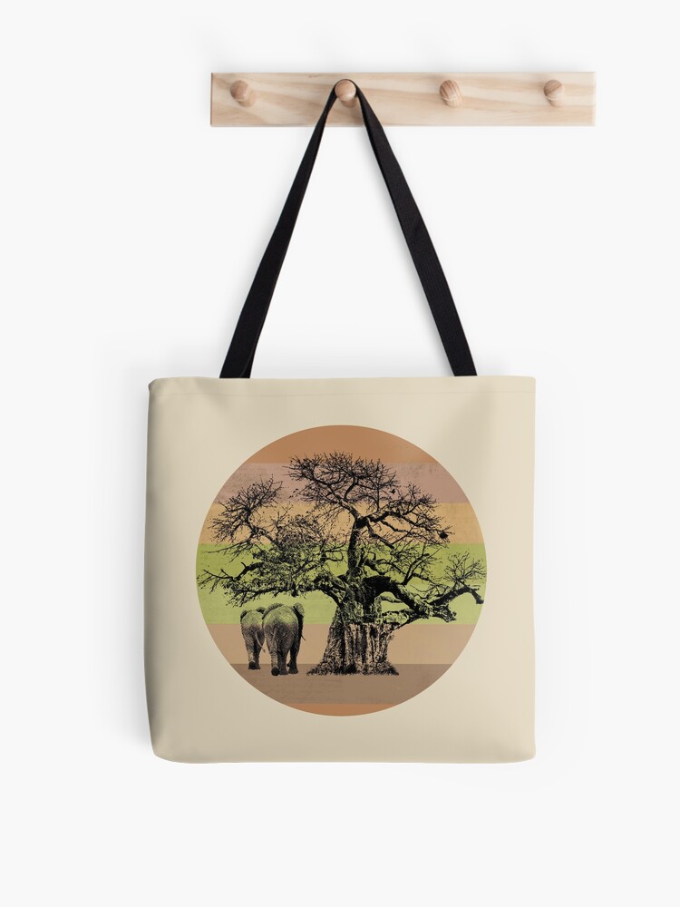 Baobab Tree and Elephants on Retro-style Sunset in Africa Colors | Tote Bag