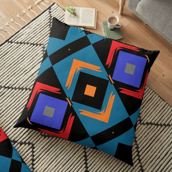 Modern Abstract Geometric Black Blue Orange Pattern Design 758 Floor Pillow