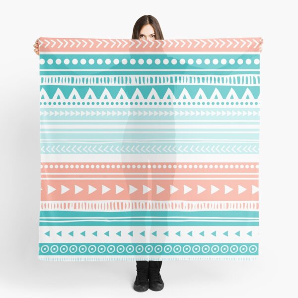 Teal Coral White Tribal Pattern Scarf