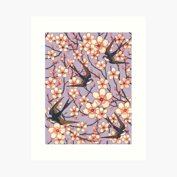 Vista previa del artículo con la obra «Golondrinas victorianas y flores de almendro», diseñado y vendido por beesocks.