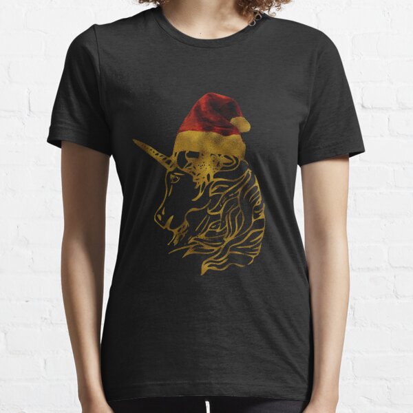 Christmas Unicorn |Santa Hat | Gold Line Art Design Essential T-Shirt