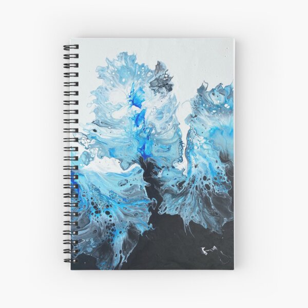 Blue, Sliver, Black and White Pour Painting - Hair Dryer Method - Spiral Notebook