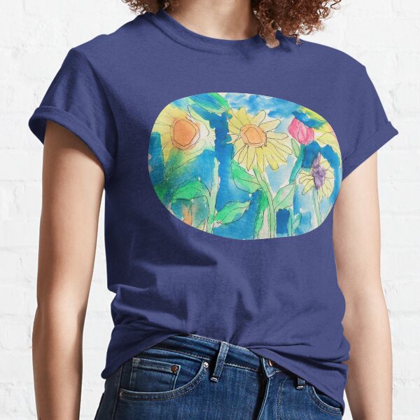 Summer Sunflower Garden In Watercolor and Ink Classic T-Shirt