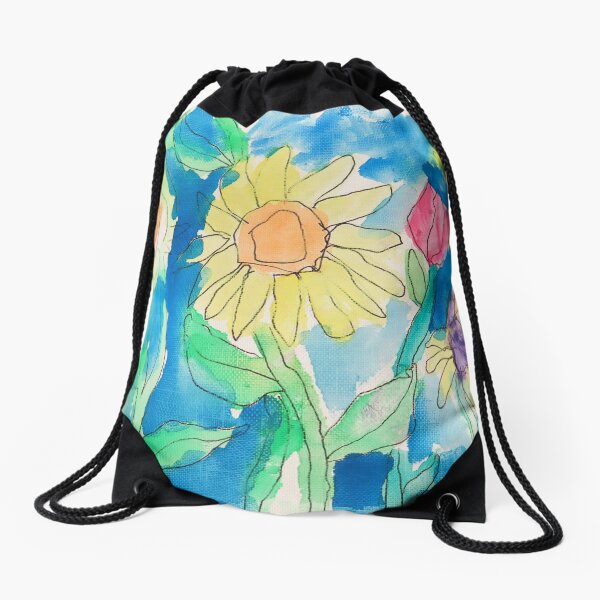 Summer Sunflower Garden In Watercolor and Ink Drawstring Bag