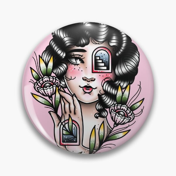 Item preview, Lady Face with Doorways Overcome Cute Traditional Flash Tattoo designed and sold by Ella Mobbs.