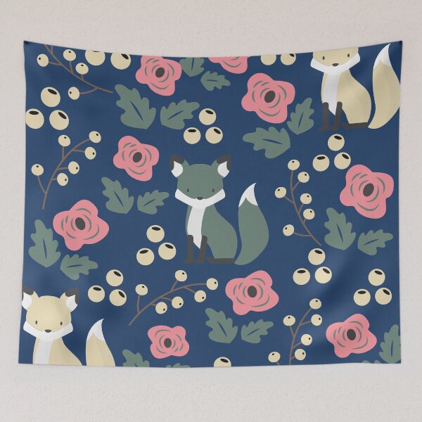 Item preview, foxes in winter with flowers and winterberries.  designed and sold by ninjapineapple.