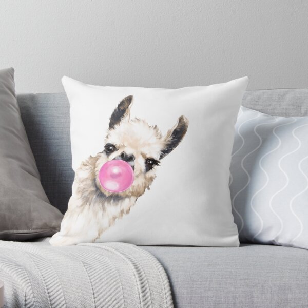 Sneaky Llama with Bubble Gum Throw Pillow