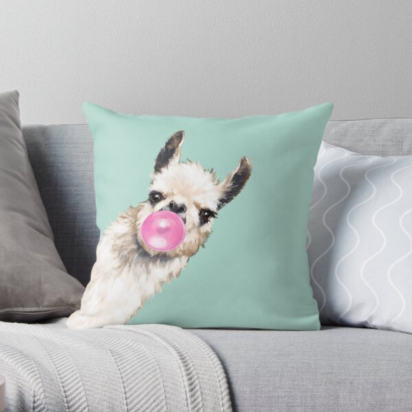 Bubble Gum Sneaky Llama in Green Throw Pillow