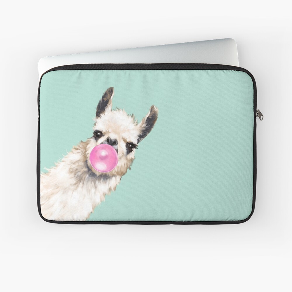 Bubble Gum Sneaky Llama in Green Laptop Sleeve