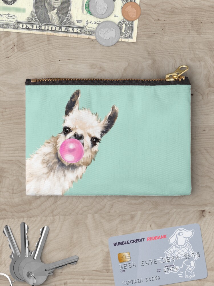 Thumbnail 3 of 4, Zipper Pouch, Bubble Gum Sneaky Llama in Green designed and sold by bignosework.