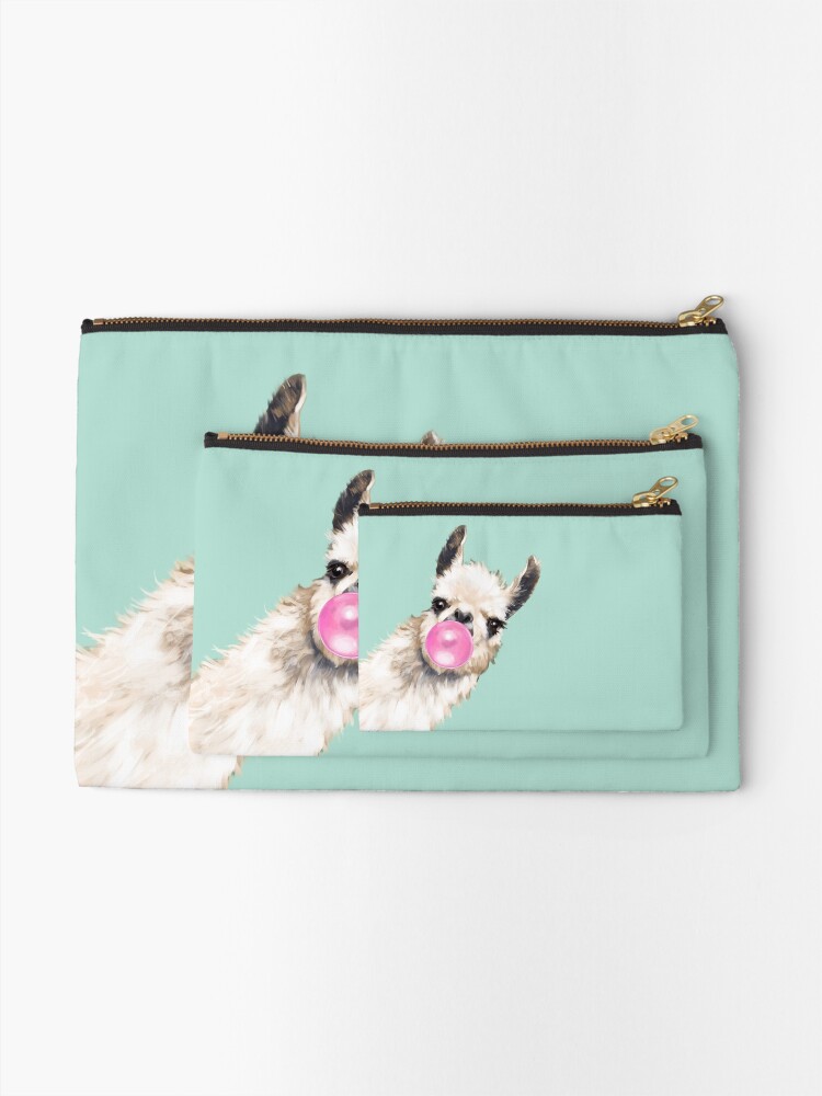 Thumbnail 2 of 4, Zipper Pouch, Bubble Gum Sneaky Llama in Green designed and sold by bignosework.