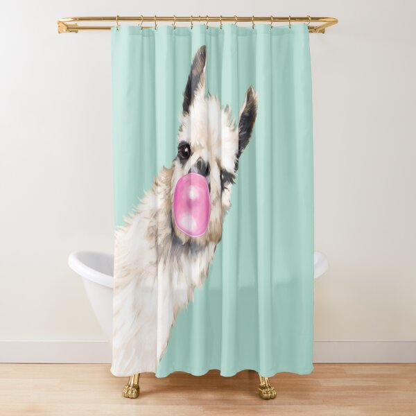 Bubble Gum Sneaky Llama in Green Shower Curtain