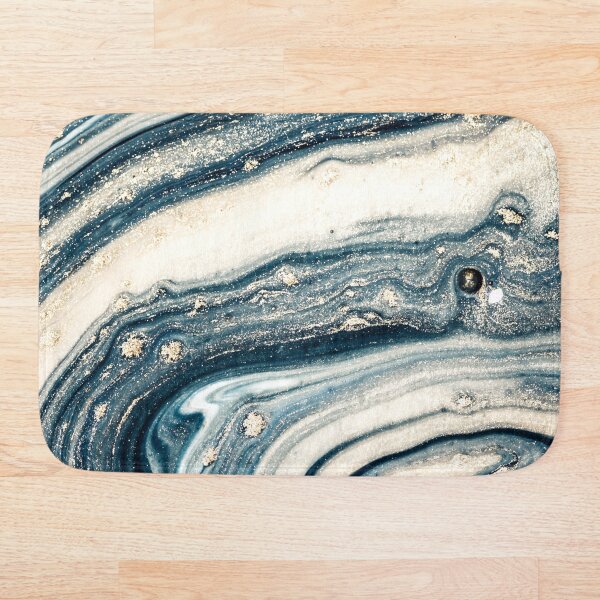 Blue Grey Abstract Marble Pattern Bath Mat