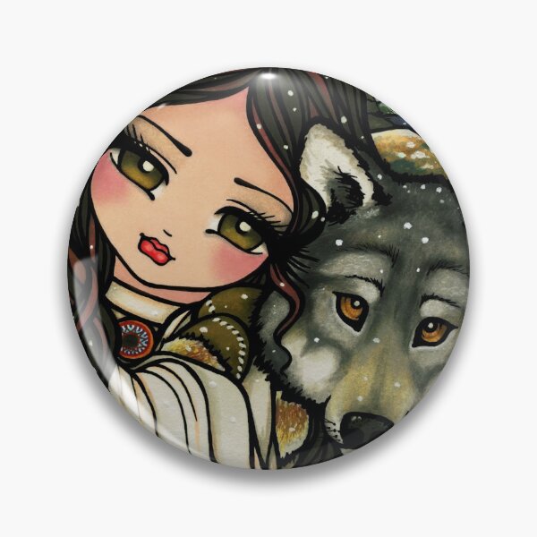 Wolf and Native Girl Winter Nature Scene Fantasy Art Pin