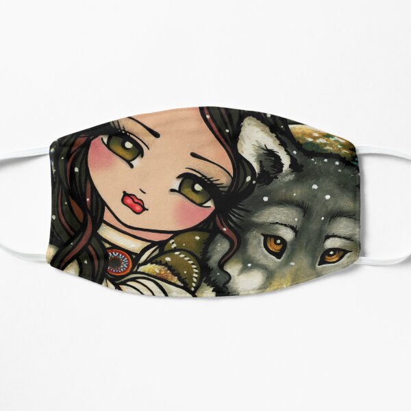 Wolf and Native Girl Winter Nature Scene Fantasy Art Flat Mask