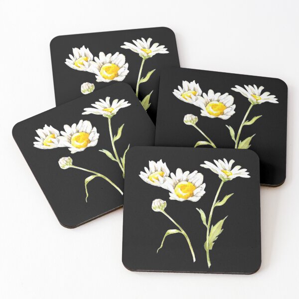 Item preview, Hand-painted watercolor camomile flower stickers set on the black background designed and sold by sentimentalica.