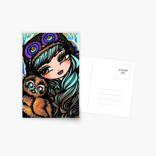 Cute Owl and Girl Whimsical Fantasy Art Postcard