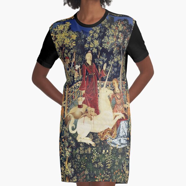 LADY AND MYSTIC CAPTURE OF UNICORN Orange Green Floral Crowns,Animals Graphic T-Shirt Dress