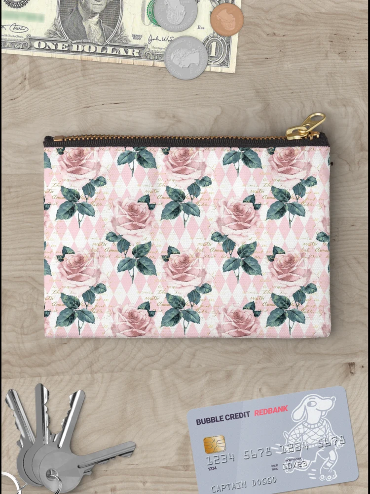 Thumbnail 3 of 4, Zipper Pouch, Pink Roses with Script designed and sold by ReesDesigns.