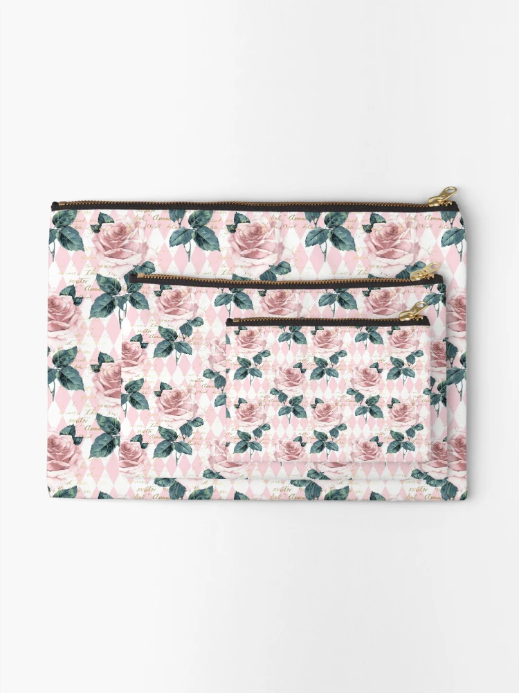 Thumbnail 2 of 4, Zipper Pouch, Pink Roses with Script designed and sold by ReesDesigns.