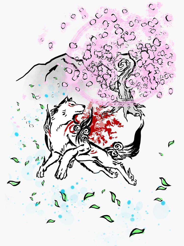 "Amaterasu Okami with Cherry Blossoms" Sticker by Garusama Redbubble