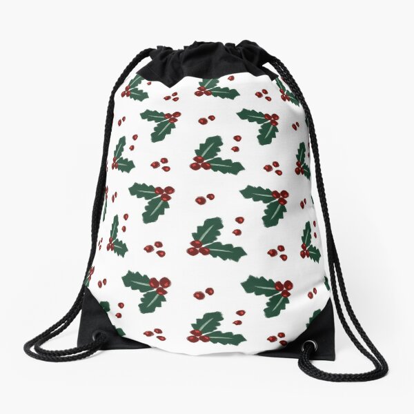 Holly Christmas Pattern Drawstring Bag