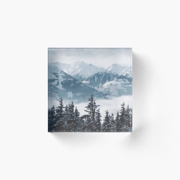 Beautiful shot of mountains and trees covered in snow and fog Acrylic Block