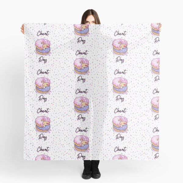 CHEAT DAY Donut pattern pink, purple, confetti background, jelly filled sprinkles, WHITE BACKGROUND Scarf