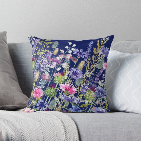Flower Meadow - Cornflowers, Thistles & Lavender Throw Pillow