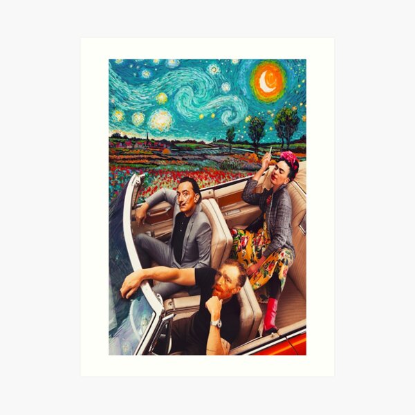 Salvador Dali y Vincent Van Gogh y Frida Kahlo en Car Starry Night Lámina artística