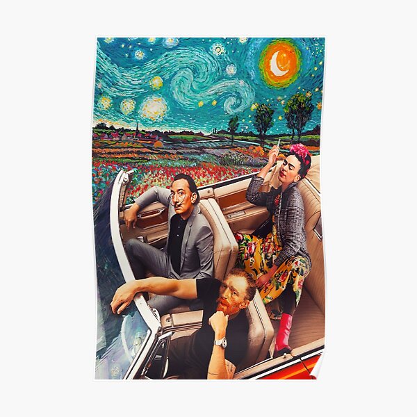 Salvador Dali et Vincent Van Gogh et Frida Kahlo en voiture la nuit étoilée Poster
