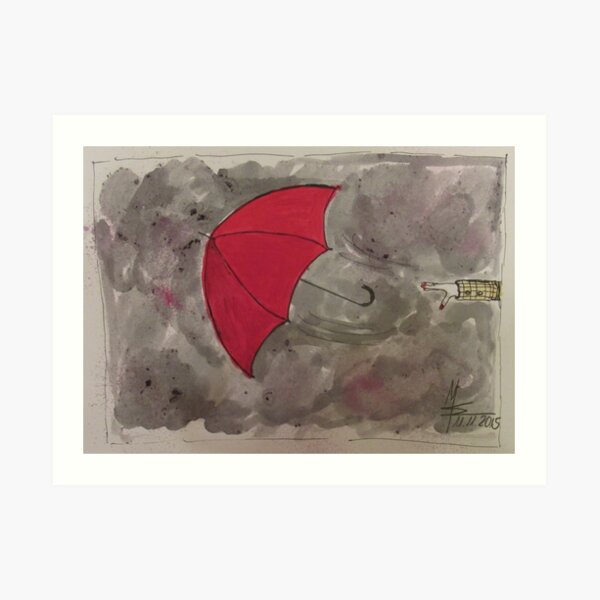 The Red flying Umbrella -Der fliegende rote Regenschirm Kunstdruck