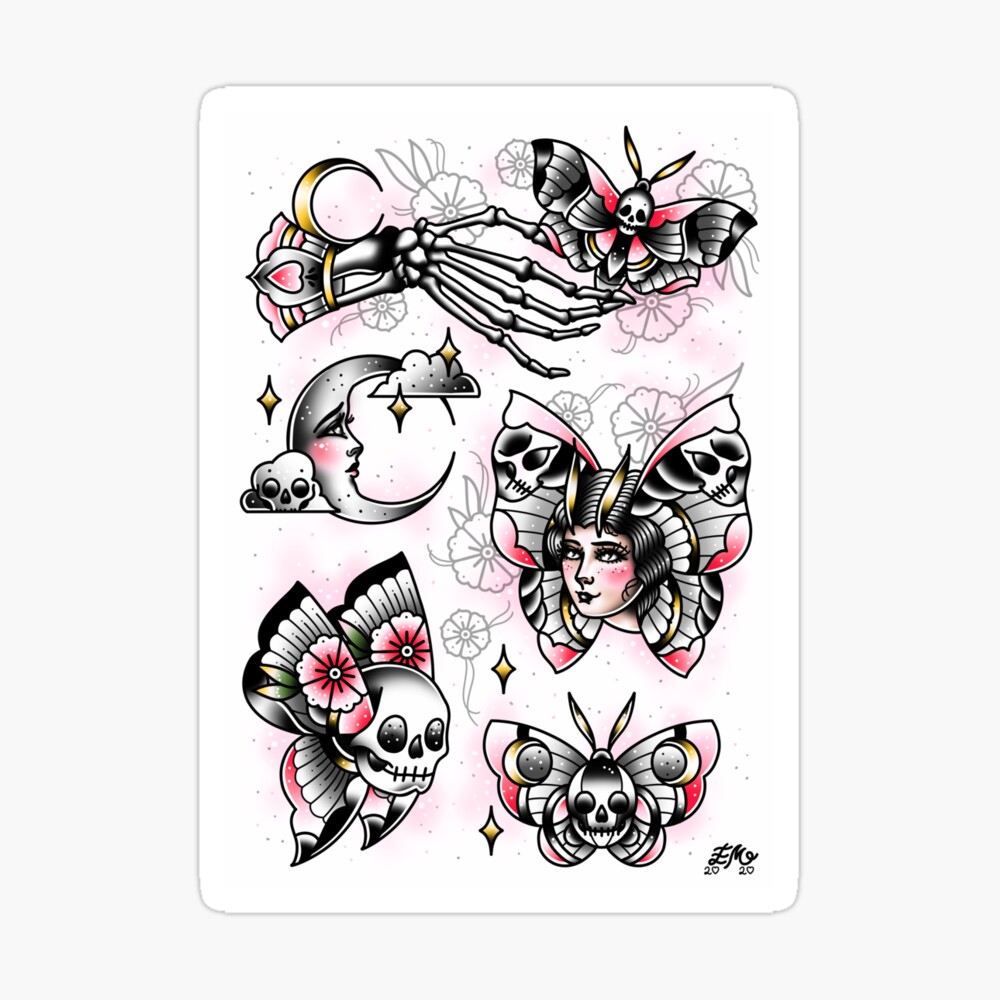 Skull Moths Ladies and Moons Cute Vintage Style Traditional Flash Tattoo  Sticker for Sale by Ella Mobbs  Redbubble