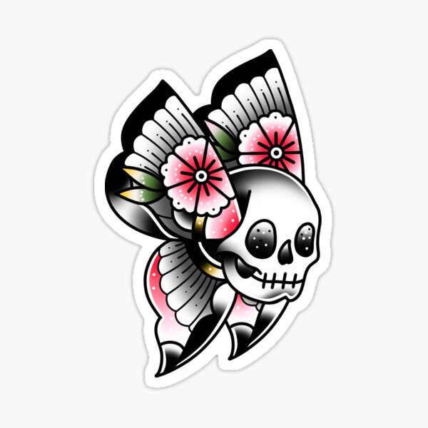 Artikel-Vorschau von Schädelmotte mit Blumen Weinlese Nettes traditionelles Flash-Tattoo, designt und verkauft von Ella Mobbs.