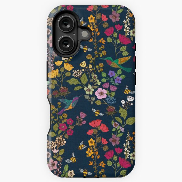 Hummingbirds and Bees Deep Blue Garden Floral iPhone Tough Case