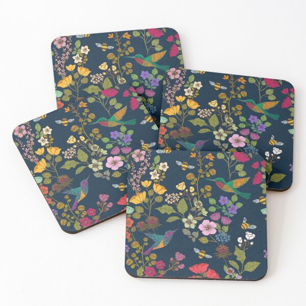 Item preview, Hummingbirds and Bees Deep Blue Garden Floral designed and sold by Cecilia Mok.