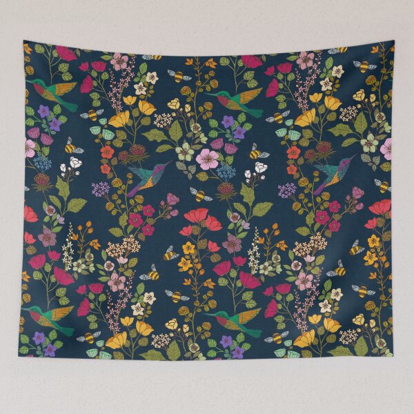 Item preview, Hummingbirds and Bees Deep Blue Garden Floral designed and sold by Cecilia Mok.