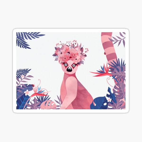 Vista previa del artículo con la obra «Lémur con una corona de flores en una jungla de color pato rosa y azul», diseñado y vendido por YanayMora.