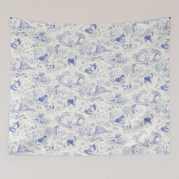 Item preview, Country Dogs Toile with Collie, Aussie and Jack Russell Terrier in Blue and White designed and sold by vinpauld.