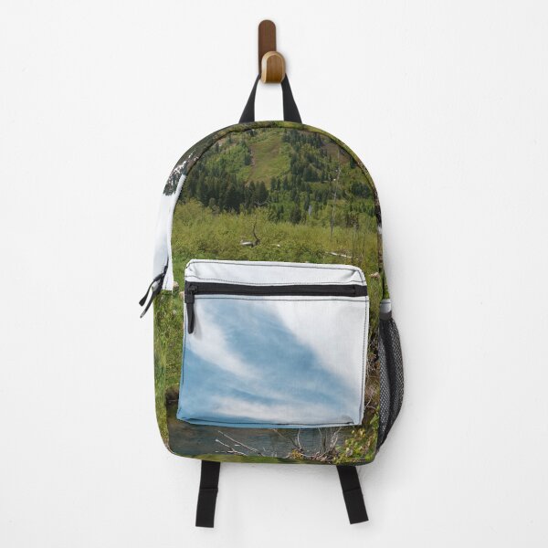 Item preview, Mountain landscape scene with blue sky, clouds, green trees, plants, rocks, boulders and snow designed and sold by Ventures1.
