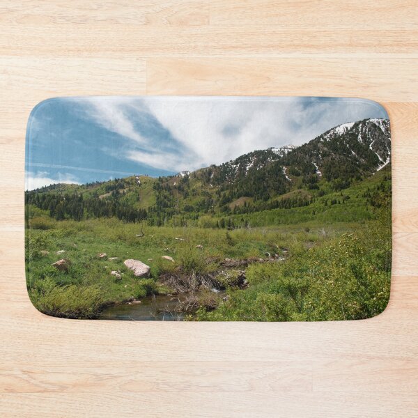 Item preview, Mountain landscape scene with blue sky, clouds, green trees, plants, rocks, boulders and snow designed and sold by Ventures1.