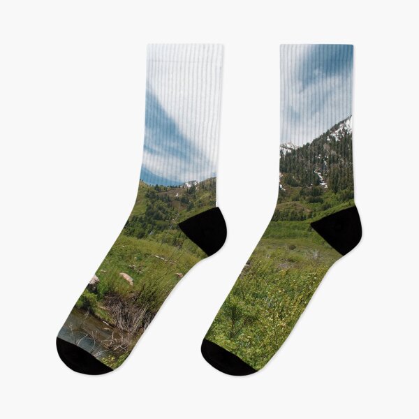 Item preview, Mountain landscape scene with blue sky, clouds, green trees, plants, rocks, boulders and snow designed and sold by Ventures1.