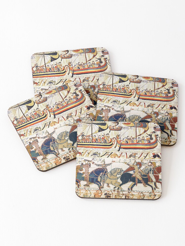 Thumbnail 1 of 5, Coasters (Set of 4), THE BAYEUX TAPESTRY ,BATTLE OF HASTINGS ,NORMAN KNIGHTS HORSEBACK, ARCHERS AND VIKING SHIPS designed and sold by BulganLumini.